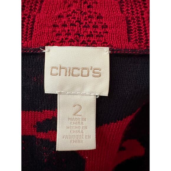 Chico's Womans Red & Black Open Cardigan Sweater Long Line Wool Cotton Knit - Picture 7 of 10